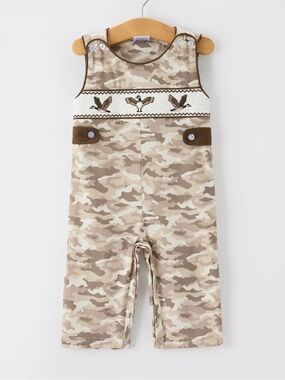 Beige Camo Smocked Bird Overalls for Babies